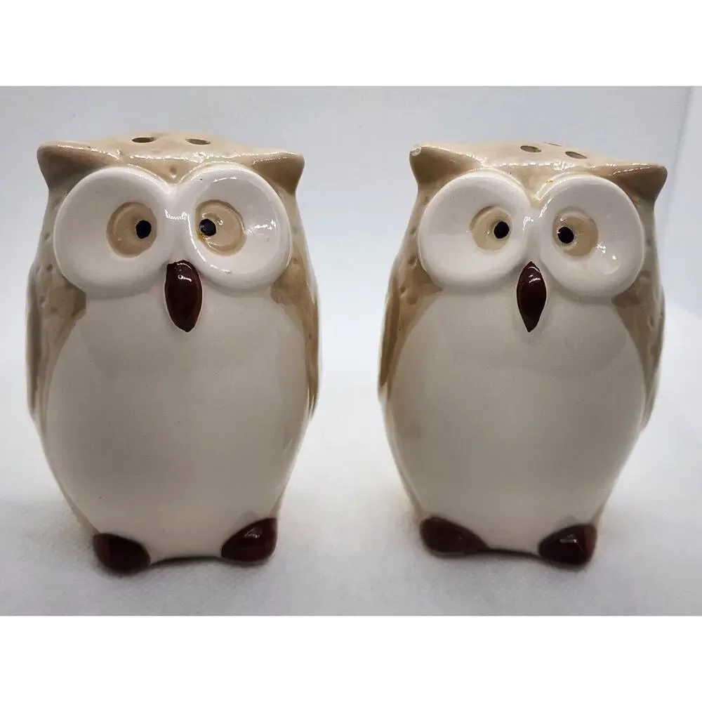 Pier 1 Owl Salt & Pepper Shaker Set Ceramic Beige Brown White Kitchen Decor